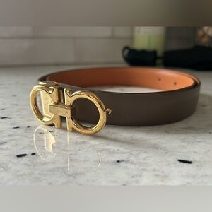 Salvatore Ferragamo Brown Leather Belt with Gold Gancini Buckle